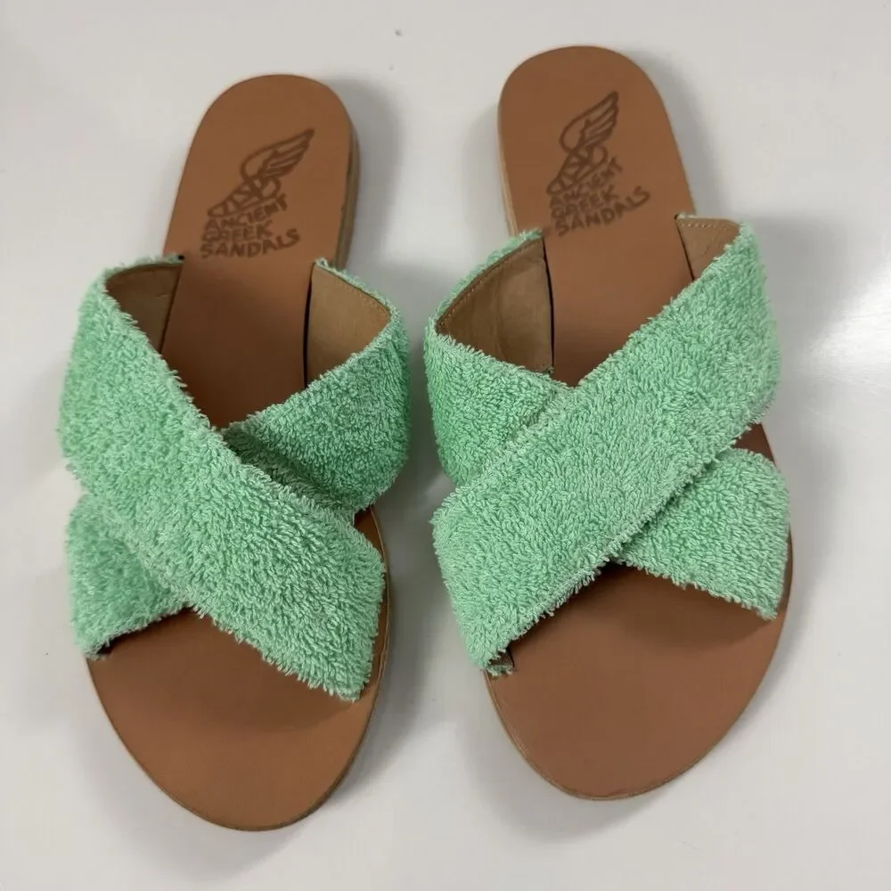 Ancient Greek Thais Terry Slide Sherpa Sandals Womens 41 US 10.5-11 Aqua Green